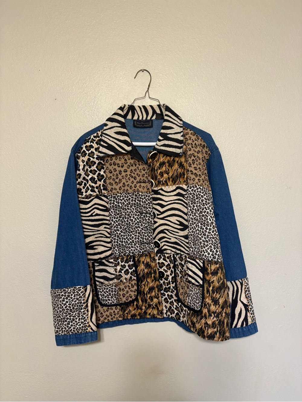 Vintage New Directions Animal Print Patchwork Denim Jacket M Zebra Leopard Y2K
